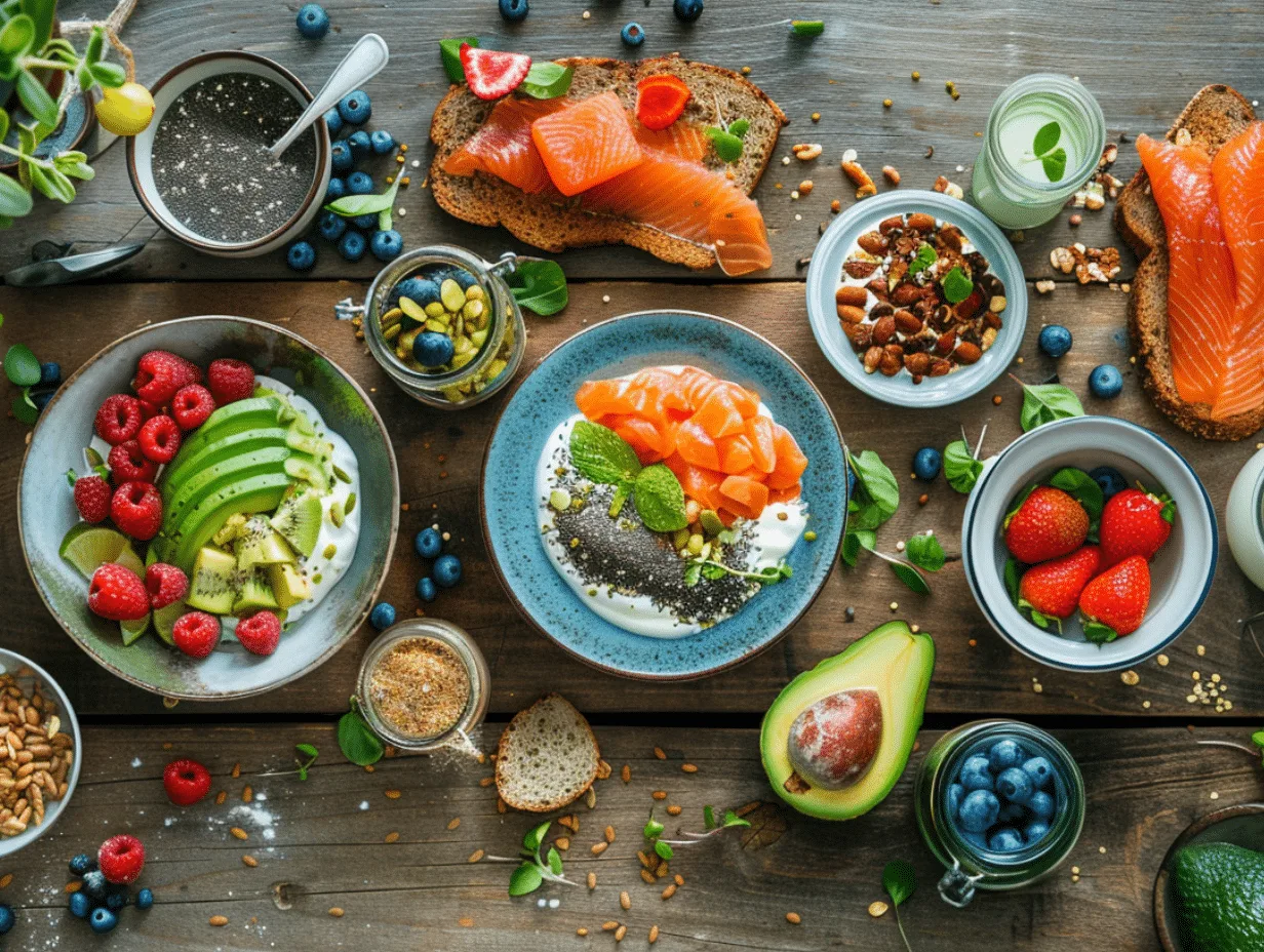 Breakfast Recipes Packed with Protein: High-protein breakfast spread with yogurt, smoothies, toast, and pudding