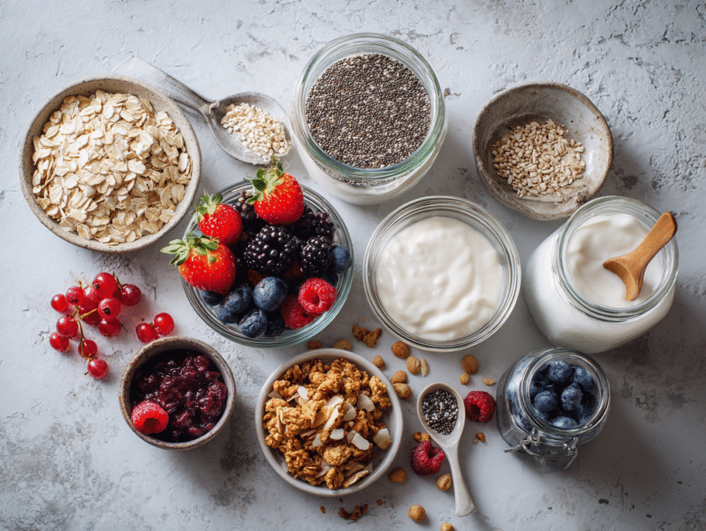 Ingredients for overnight oats and yogurt parfait no-cook breakfast ideas for busy mornings