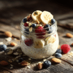 Vegetarian breakfast overnight oats with banana, berries, and nuts