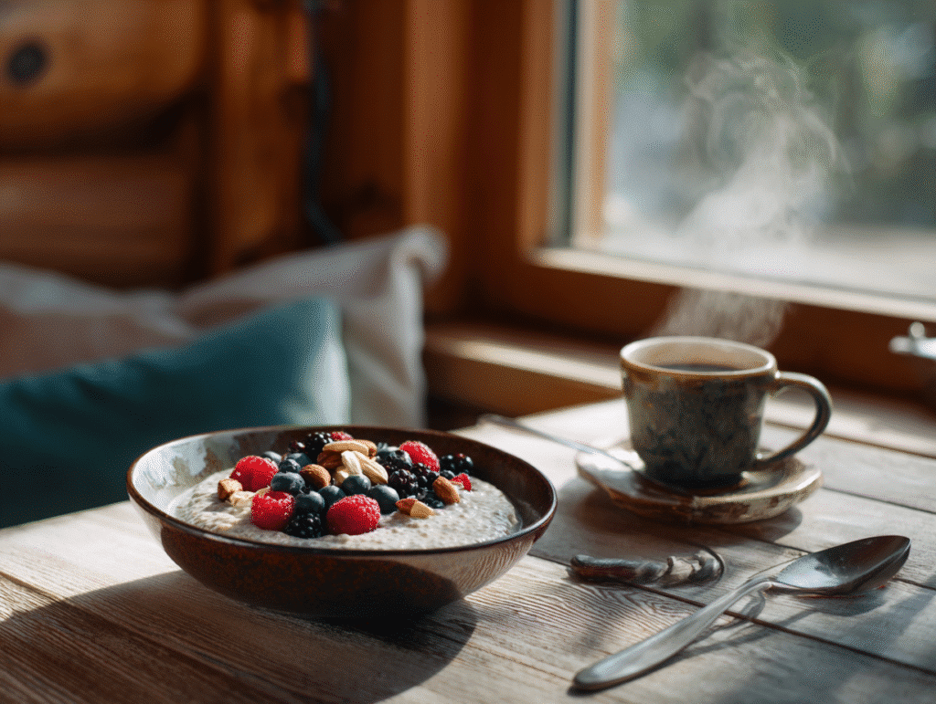 Serving vegetarian breakfast chia pudding with coffee