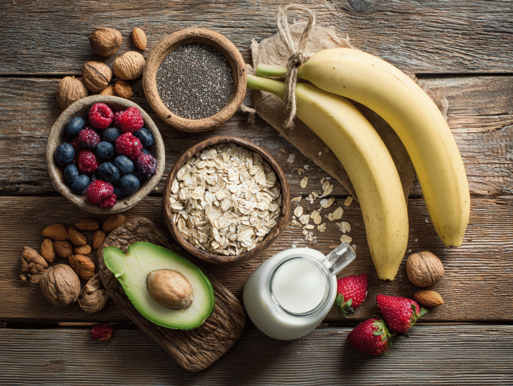 Vegetarian breakfast ingredients on wooden table