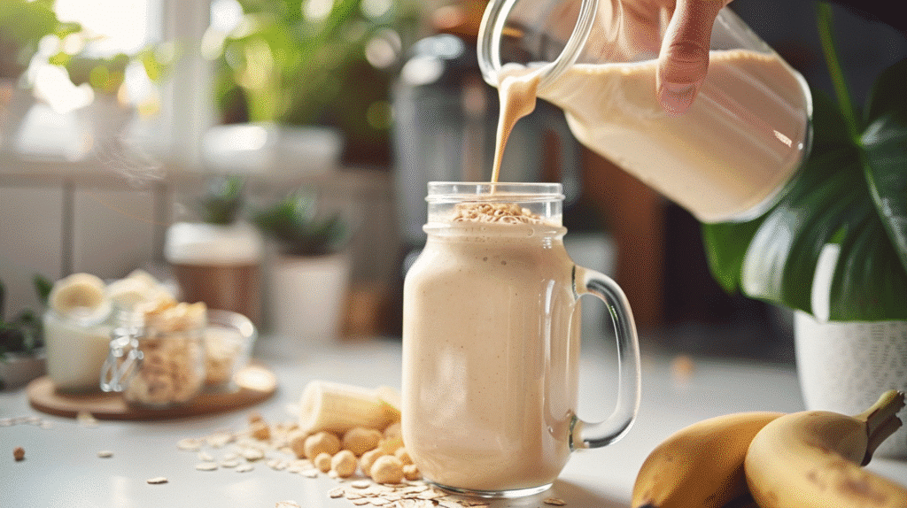 Making a protein smoothie for a quick high-protein breakfast