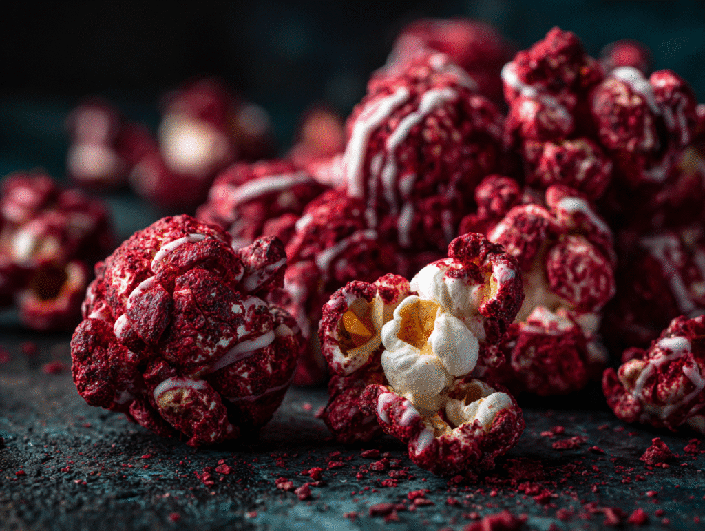 Halloween Bloody Red Velvet Popcorn snack with spooky drizzle"