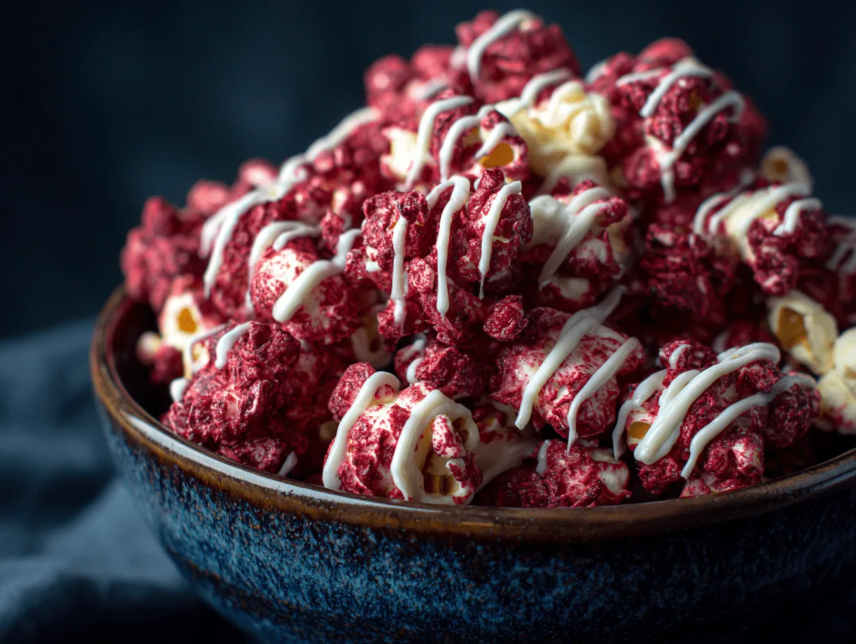Homemade Bloody Red Velvet Popcorn drizzled with white chocolate