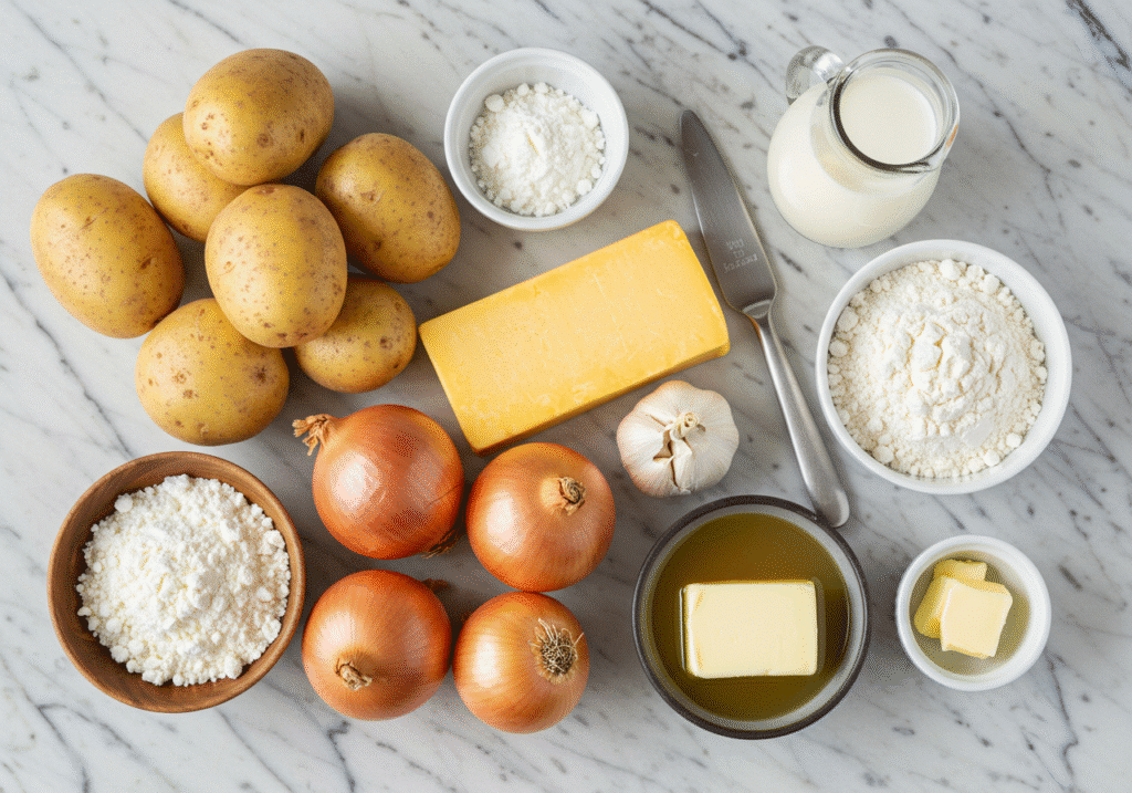 Ingredients for cheesy garlic potato soup recipe