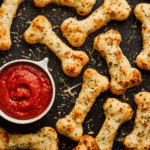 Close-up of Cheesy Breadstick Bones with gooey cheese filling and marinara “blood” dip