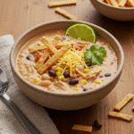 Spoon lifting creamy copycat tortilla soup