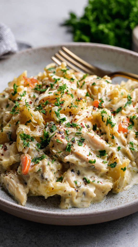 Creamy crockpot chicken served with herbs in a rustic bowl