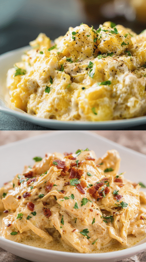 Delicious Creamy Crockpot Chicken served in a rustic bowl – easy slow cooker dinner