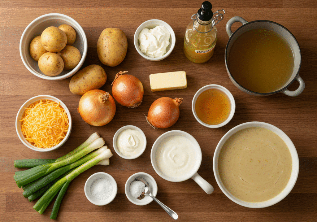 Fresh ingredients for Creamy Loaded Potato Soup – potatoes, cheddar, chives, broth, cream