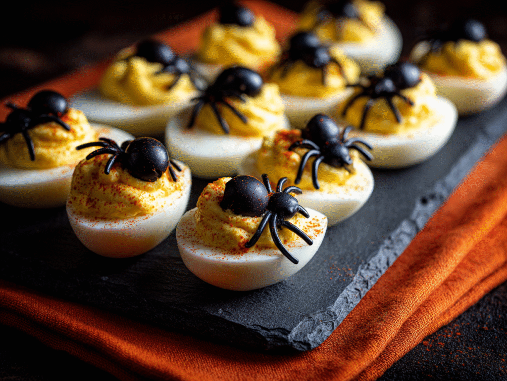 Scary Creepy Deviled Eggs Halloween Style decorated with olive spider toppings and blood-red paprika
