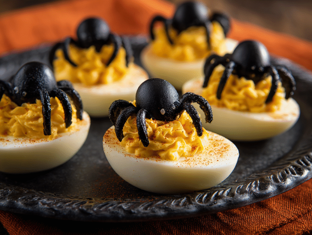 Creepy Deviled Eggs Halloween Style with black olive spiders and spooky paprika garnish