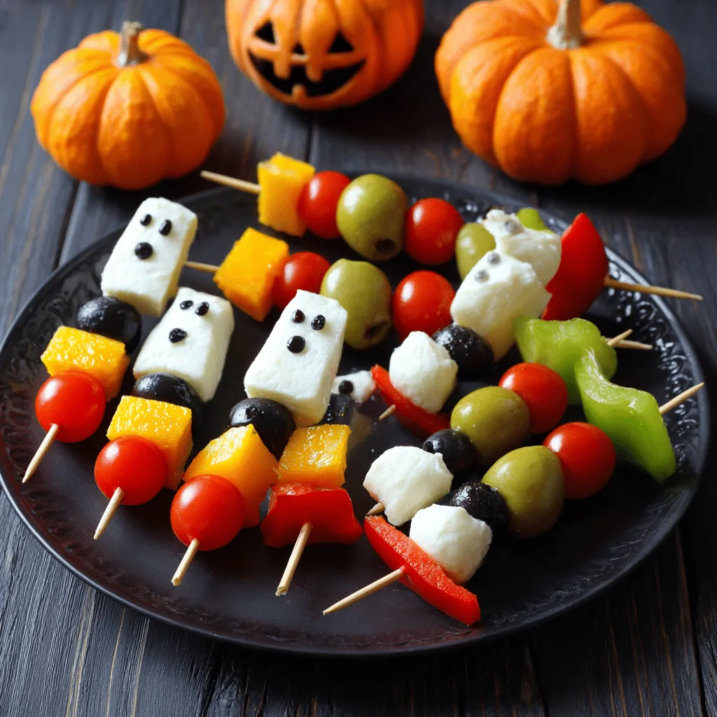 Colorful Creepy Snack Skewers on a rustic tray – easy Halloween Food for Party
