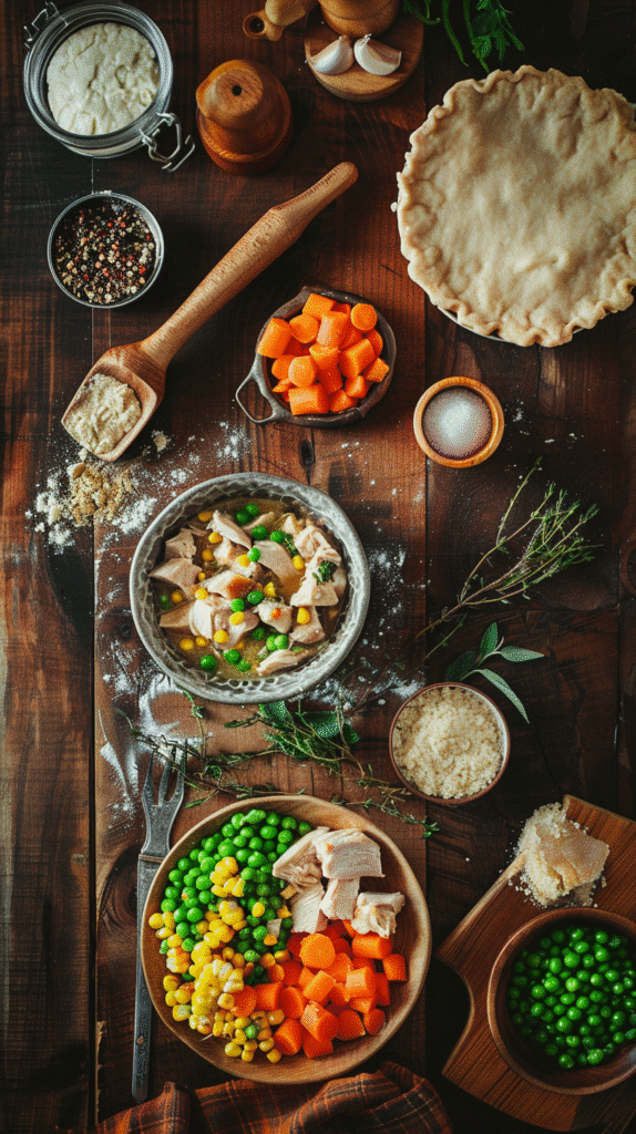 Fresh ingredients for Crockpot Chicken Pot Pie – chicken, vegetables, creamy sauce, herbs and crust
