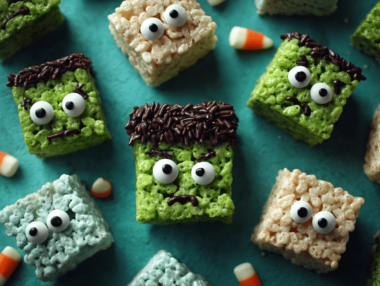Delicious Frankenstein Rice Krispie Treats decorated with candy eyes and chocolate hair – fun Halloween dessert