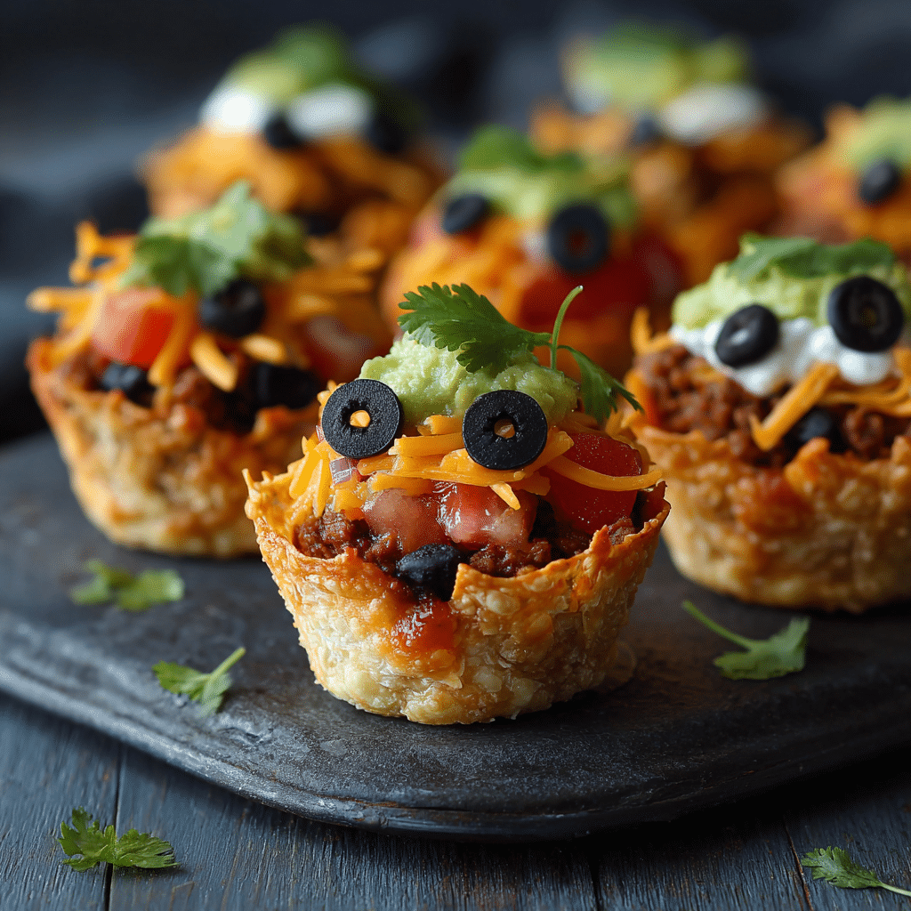 Spooky Ghoul Nacho Cups arranged on a festive platter – tasty Halloween Food for Party
