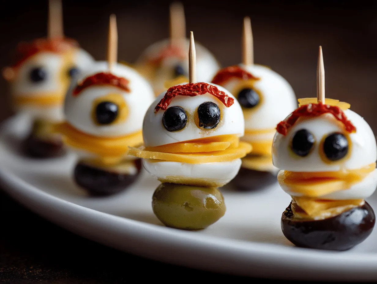 Kid-friendly Halloween eyeball skewers made with hard-boiled eggs, black olives, cheese, and red pepper pieces, served on a spooky party platter"