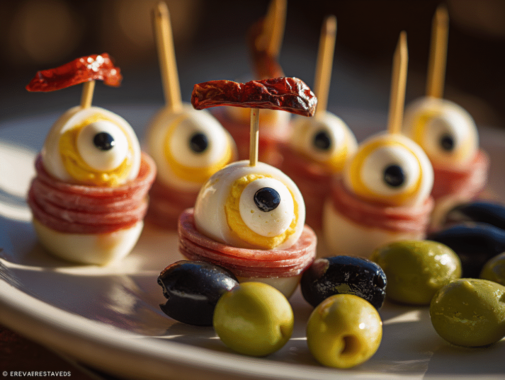 Halloween Eyeball Skewers with Pepperoni served on a spooky party platter with olives and cheese.