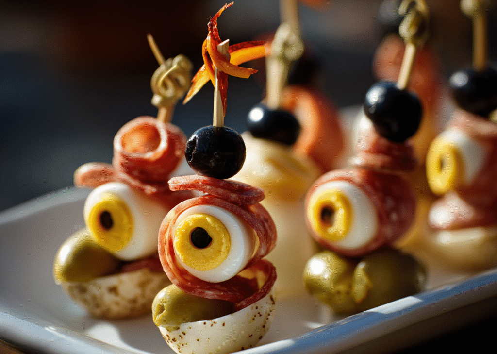 Spooky Halloween Eyeball Skewers with Pepperoni and cheese for Halloween party snacks.