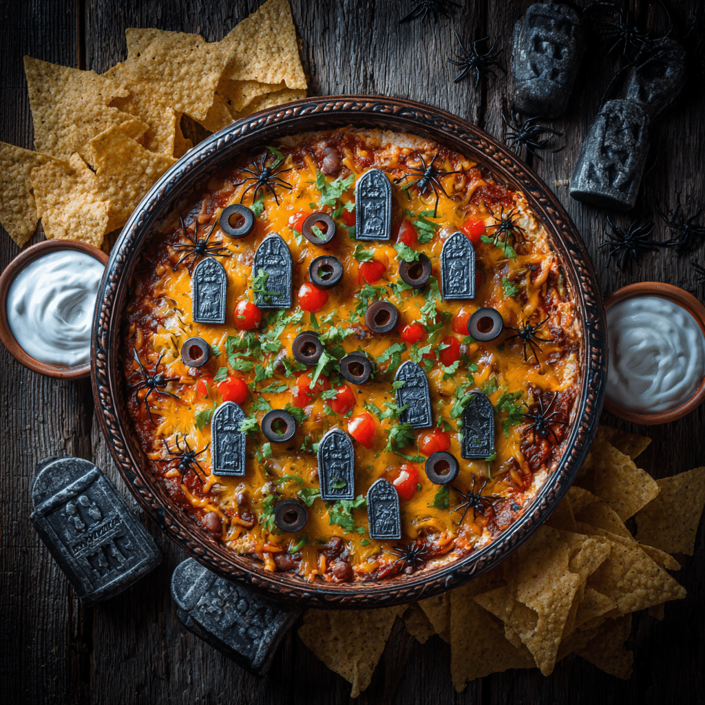 Close-up of Haunted Graveyard Dip showing layers, tortilla tombstones, and olive spiders