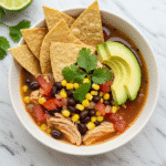 Spoon dipping into healthy chicken tortilla soup