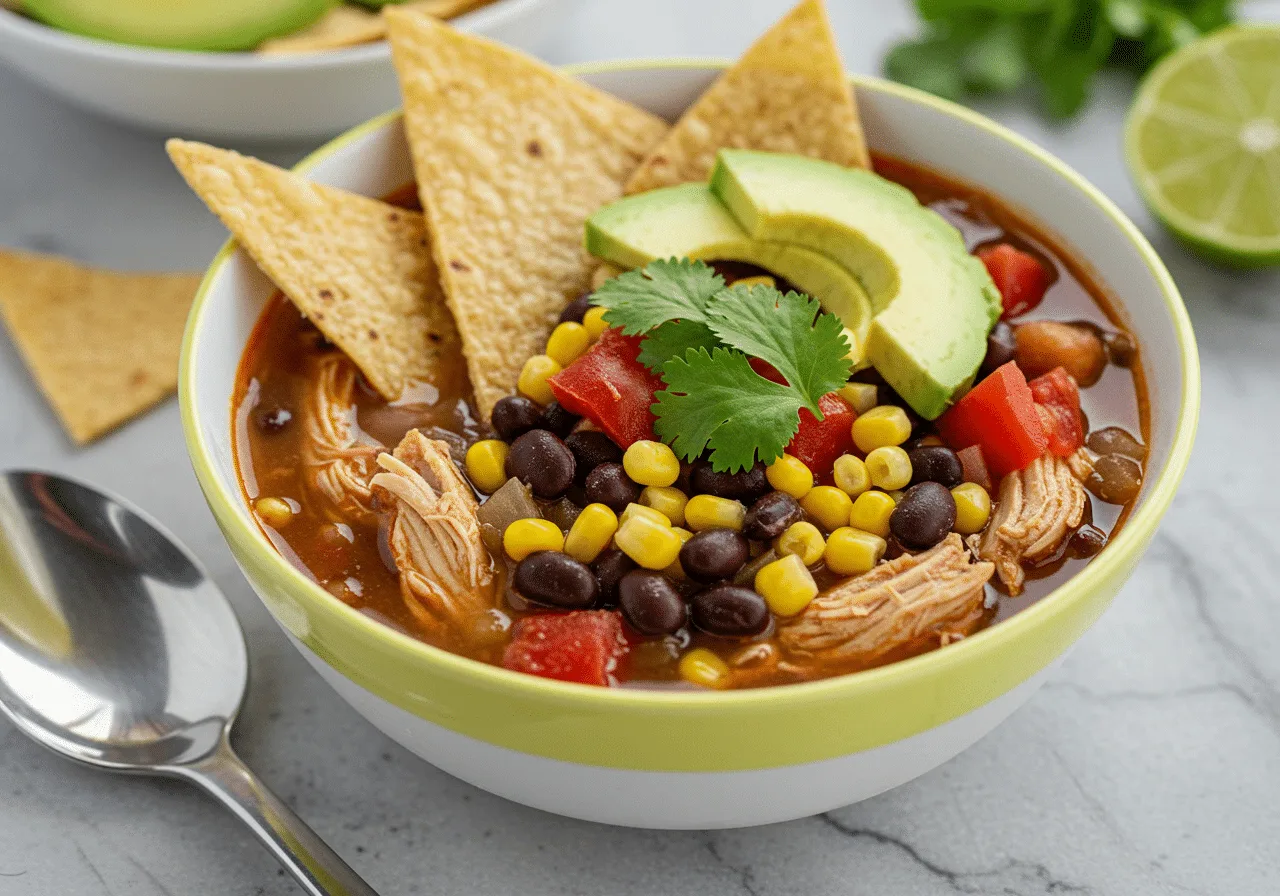 Healthy chicken tortilla soup with bright veggies