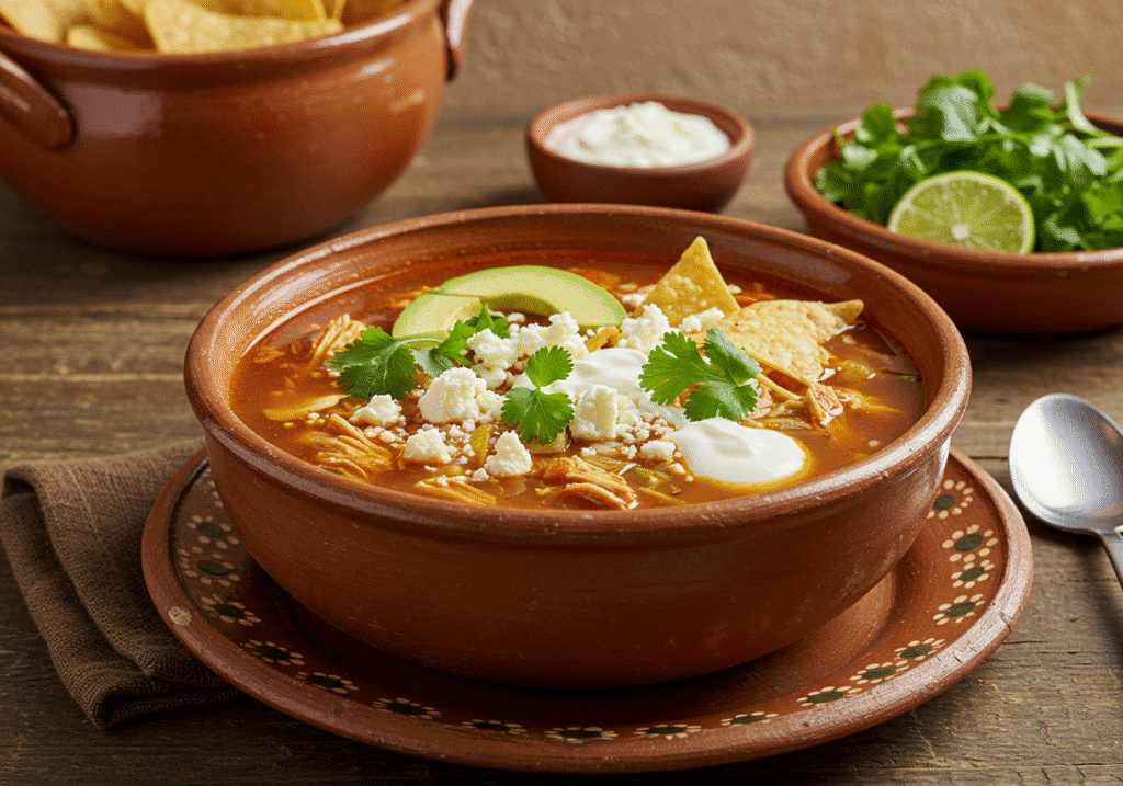 Mexican Chicken Tortilla Soup in a clay bowl