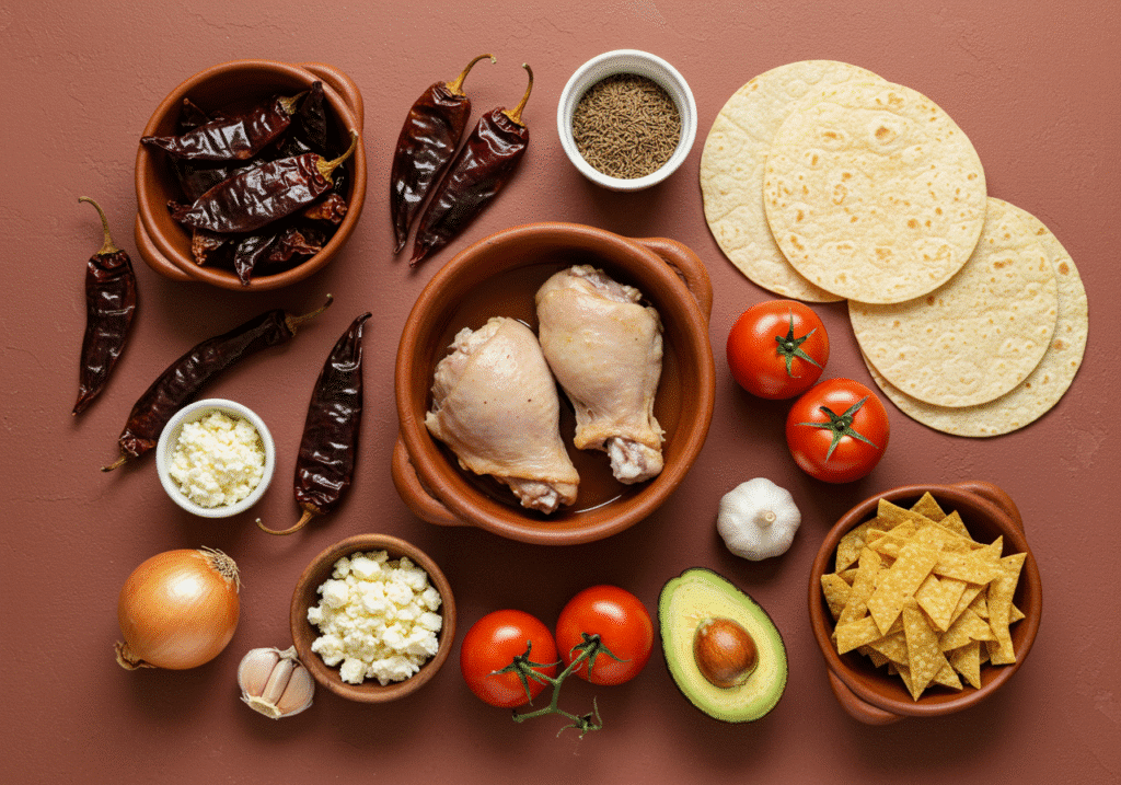 Traditional Mexican ingredients for tortilla soup