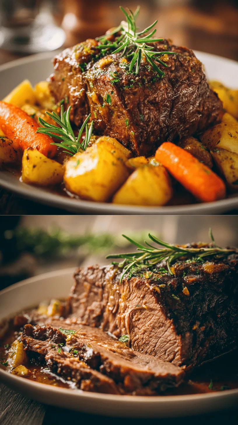 uicy keto crockpot roast with herbs and vegetables served from slow cooker.