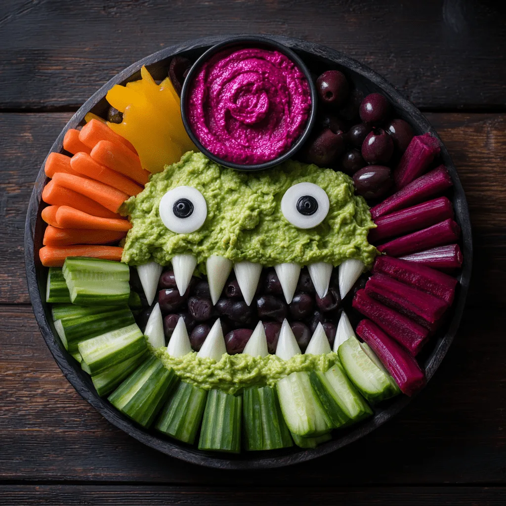 Colorful Ultimate Monster Dip Platter with spooky decorations – Halloween Food for Party