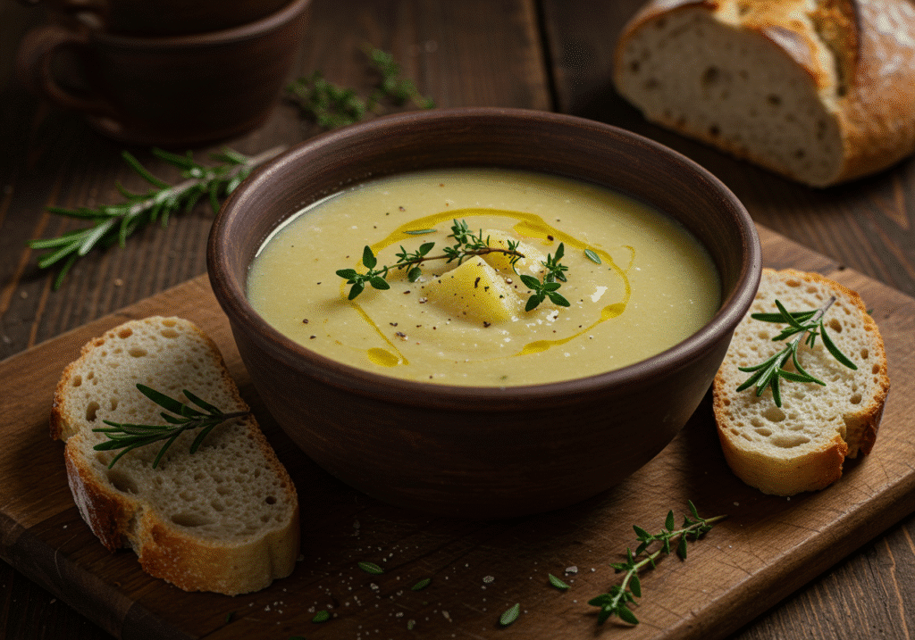 Rustic herb potato soup with fresh thyme and crusty bread
