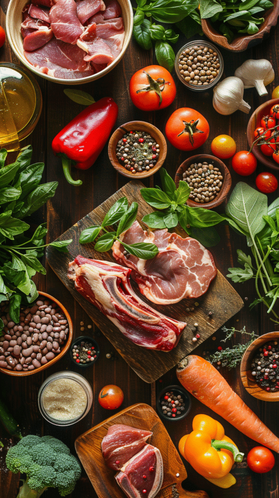 A colorful flat lay of assorted ingredients used in 25 slow cooker recipes – meats, vegetables, herbs, spices