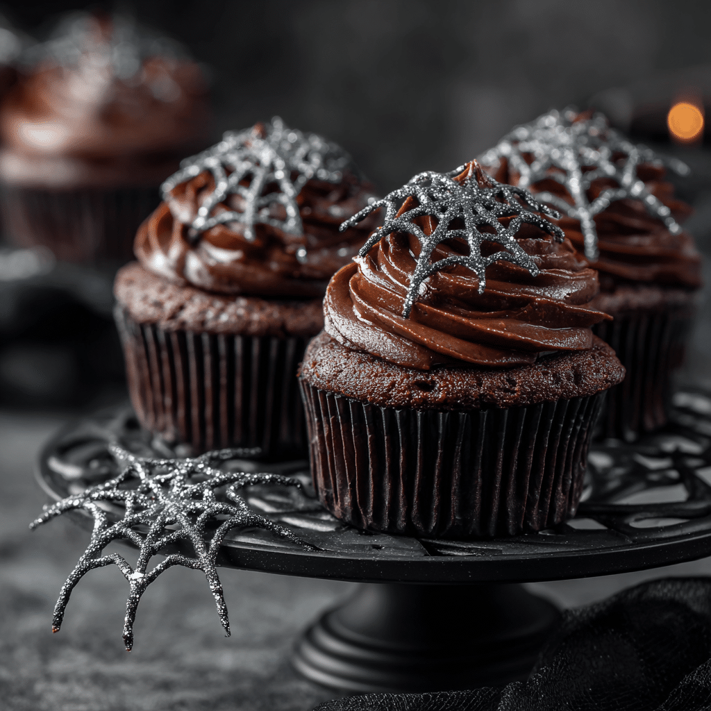 Spiderweb Cupcakes on a spooky Halloween dessert table with black frosting