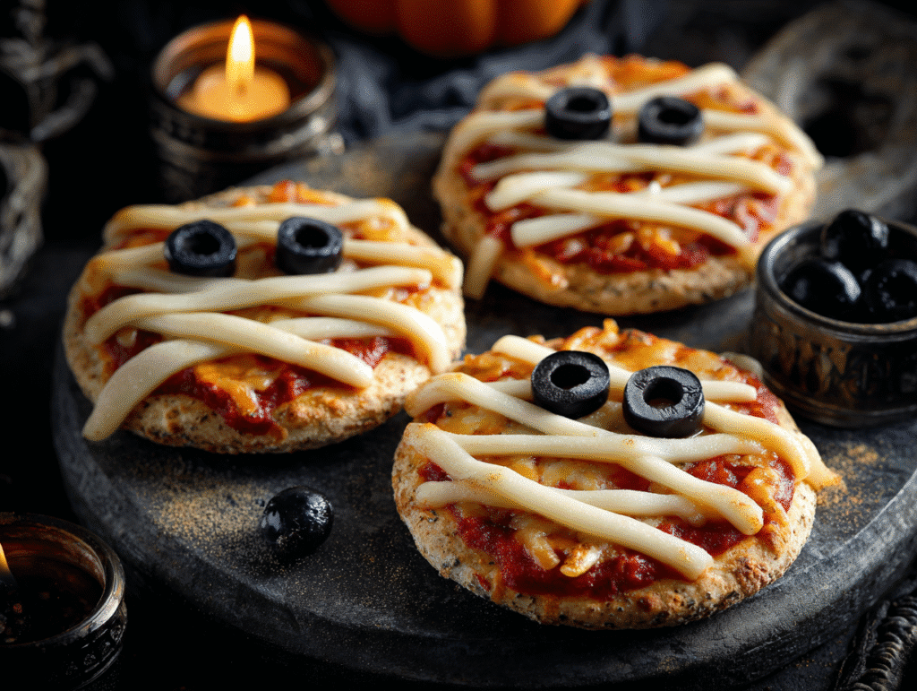 Mini mummy pizzas with mozzarella bandages and olive eyes on a Halloween party platter.