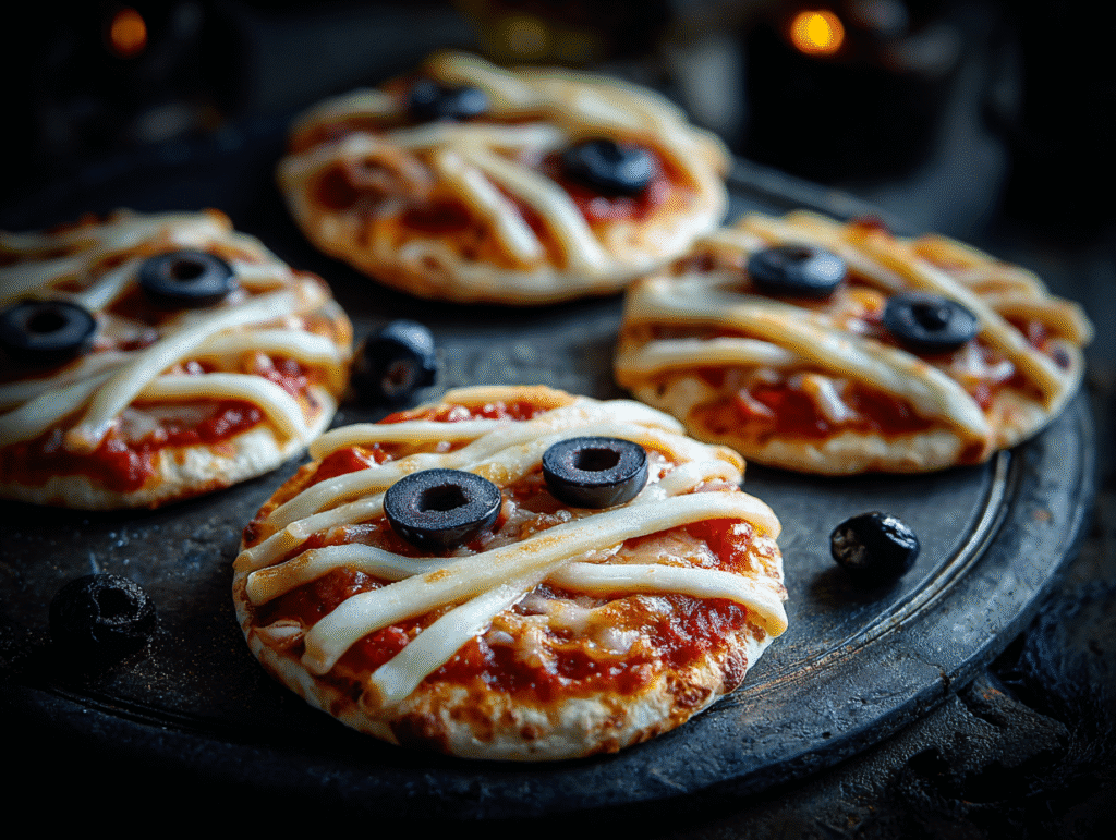 Close-up of spooky mummy pizzas topped with olives and melted mozzarella strips.