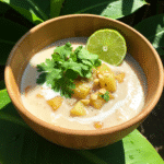 Creamy vegan potato soup close-up