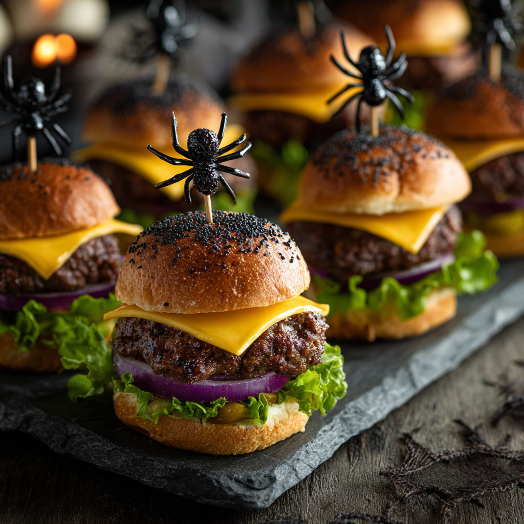 Wicked Mini Burgers decorated with monster eyes and spooky toppings – Halloween Food for Party