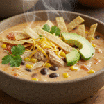 Close-up of creamy chicken tortilla soup with steam