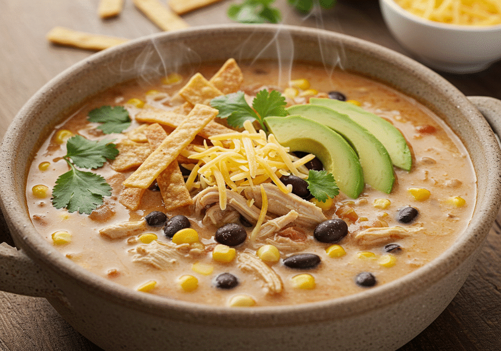 Creamy chicken tortilla soup in a rustic bowl with avocado and cheese