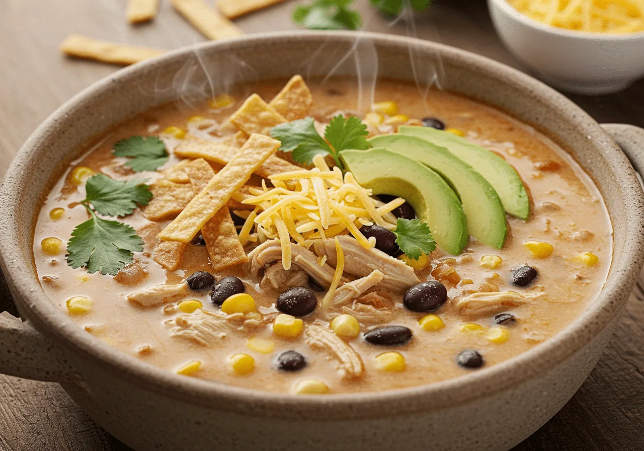 Creamy chicken tortilla soup in a rustic bowl with avocado and cheese