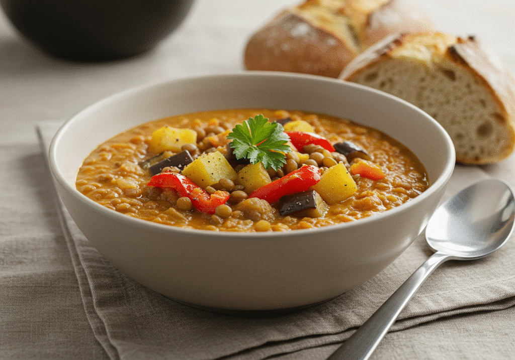 Bowl of creamy lentil stew with roasted vegetables and herbs