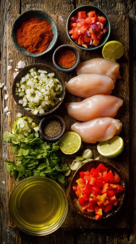 Fresh ingredients for spicy chicken crockpot neatly arranged on a rustic wooden table