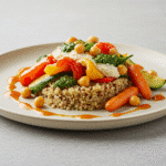 Plated vegetarian meal with quinoa, roasted vegetables, chickpeas, and sauce