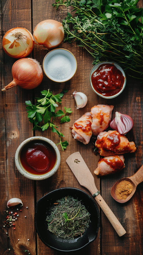 Fresh ingredients for Smoky and Hearty BBQ Chicken – chicken, BBQ sauce, onion, garlic, herbs, and spices