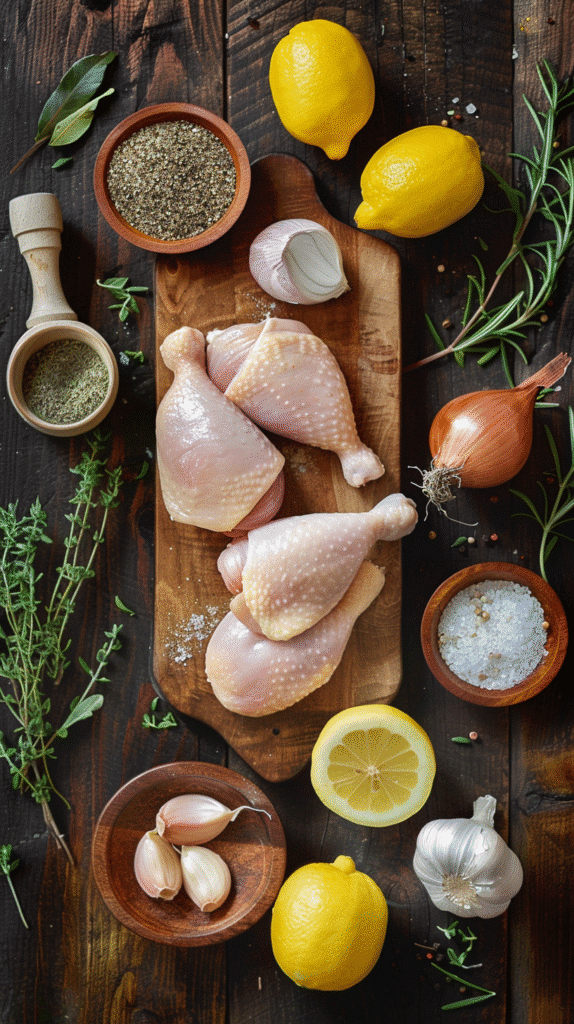 Fresh ingredients for Zesty Lemon Chicken – chicken, lemon, onion, garlic, herbs, and spices
