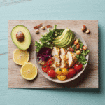 Low-carb lunch bowl recipe card with fresh vegetables and protein