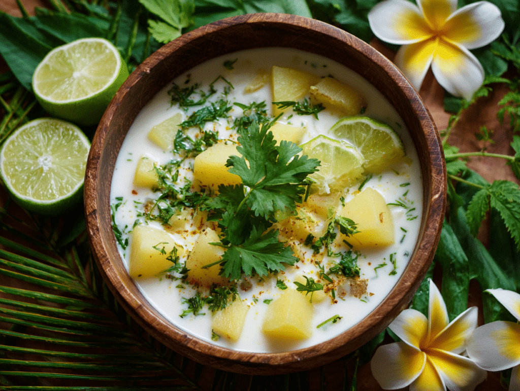 Vegan coconut potato soup with cilantro and lime