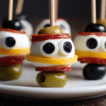 Close-up of Halloween Eyeball Skewers with Cheese, made with eggs, olives, and red pepper, styled on a festive spooky platter