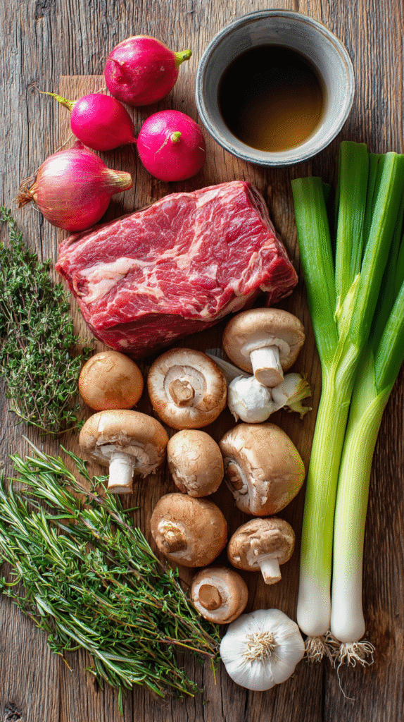 Fresh ingredients for keto crockpot roast – beef, vegetables, herbs, and broth.
