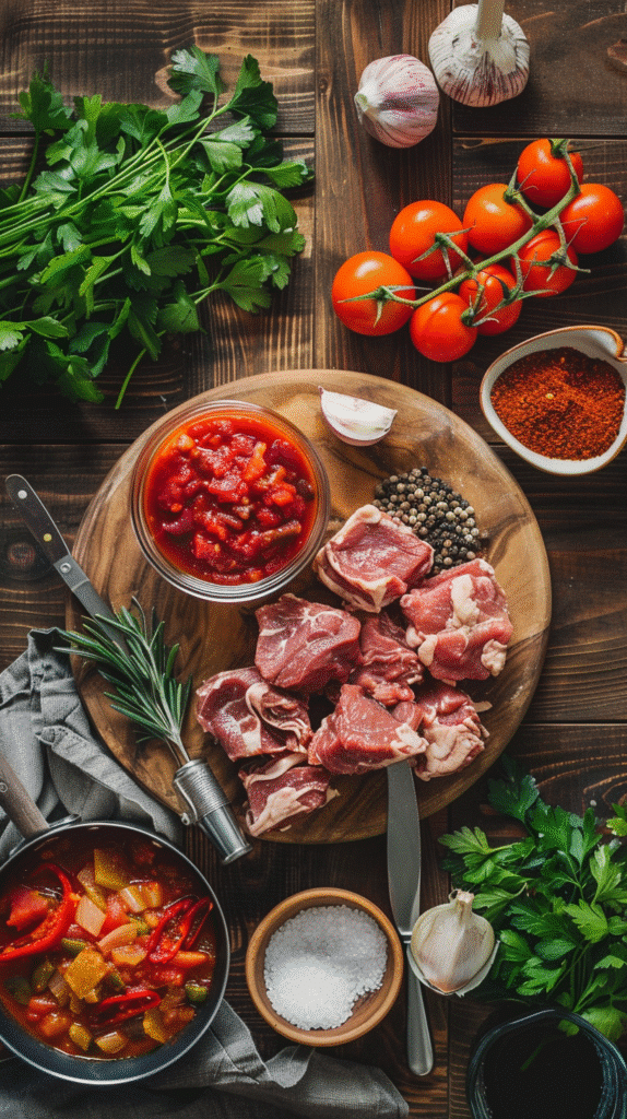 Fresh ingredients for Keto Crockpot Chili – meat, vegetables, spices, and tomato sauce